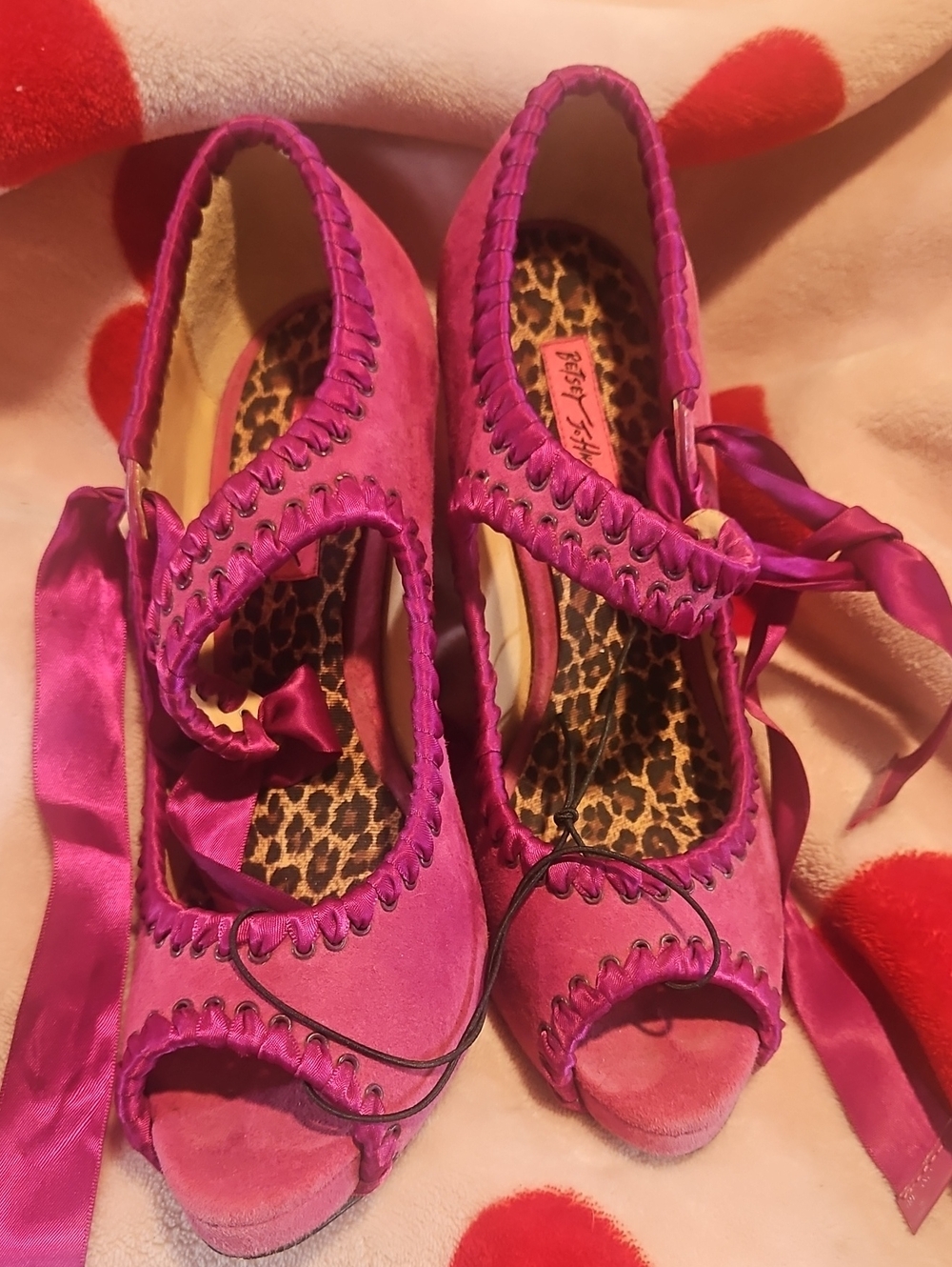 Betsey Johnson Fuchsia Suede Peep-Toe Heels with Ribbon Ties